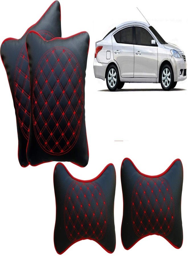 Selifaur Black and Red Double Quilted Car Cushion and Neck Rest Pillow Set of 4 for Sunny - Image 1